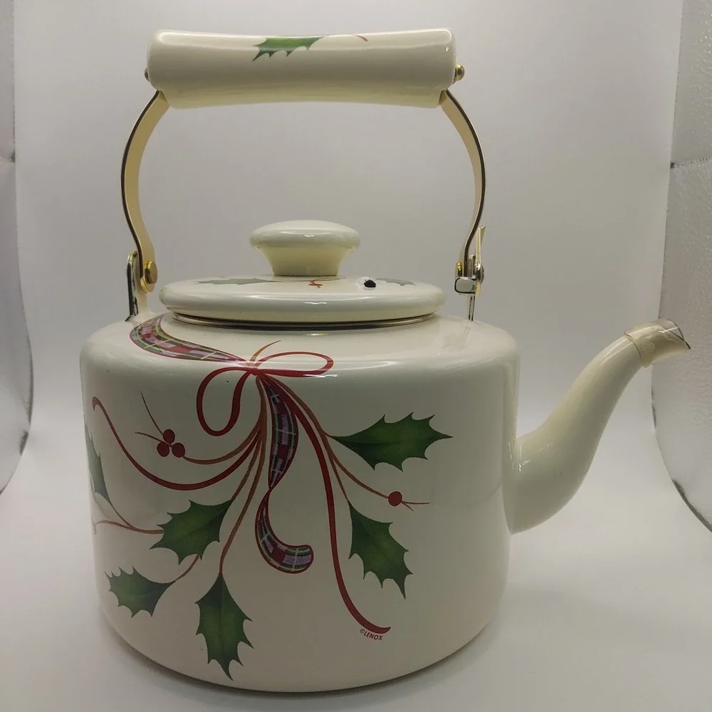 Lenox Holiday Nouveau Enamel Teakettle Christmas Holly Ribbon Made‎ Thailand
